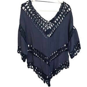Rue21 Crochet Poncho Top Bohemian Festival V Neck Cover Up Blue Size‎ S Nice!